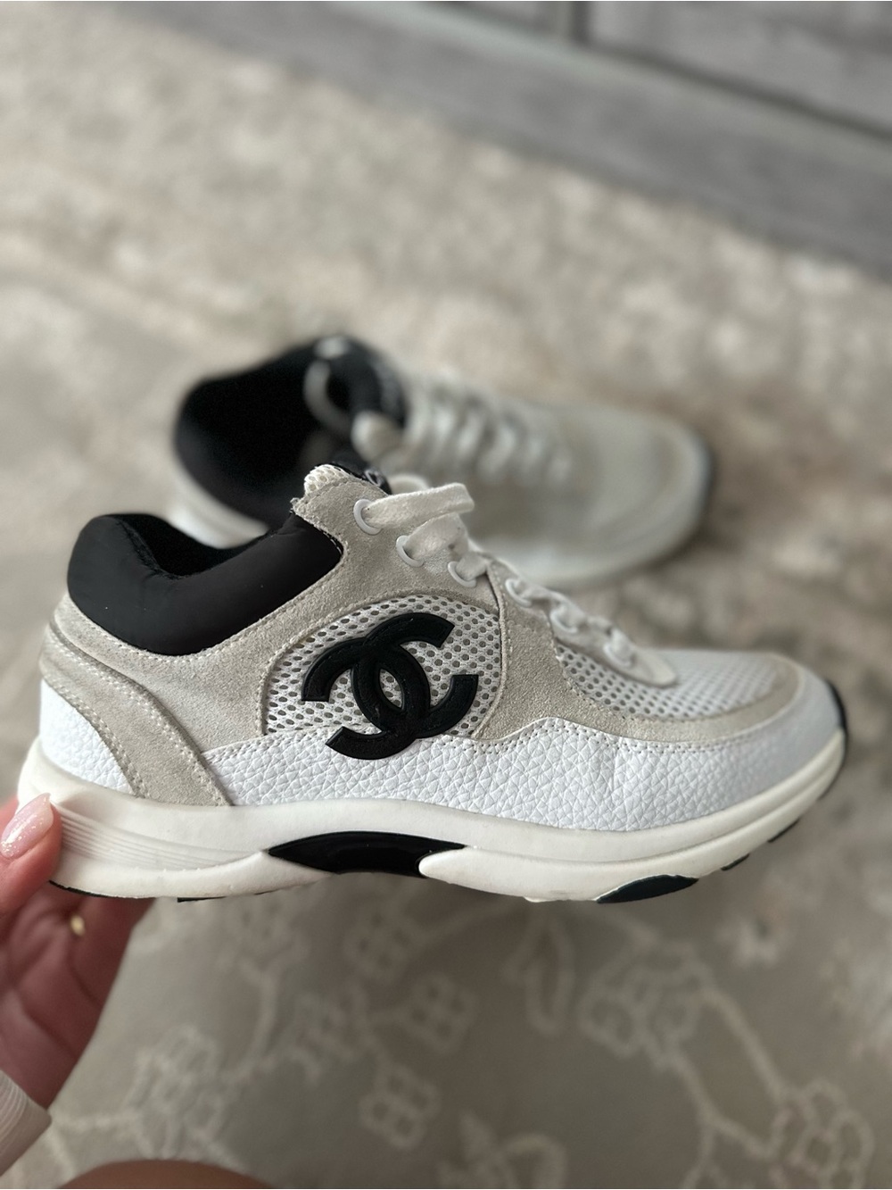 CHANEL White, Beige & Black Lace-Up Logo Sneakers